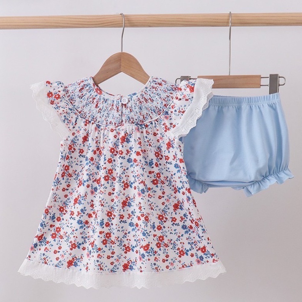 Abby & Evie Girls 3T Smocked Floral Dress and Bloomers Set Blue Red White NWT